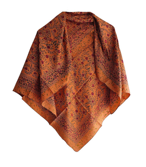 Floral Paisley Print Silk Scarf, Light Weight Square Neck Wrap, Blue and Orange Border Pattern, 100x100 cm