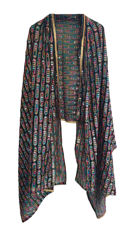 Handcrafted Mirror Work Embroidered Dupatta, Red, Cotton, Traditional Tribal Design, Ethnic Style