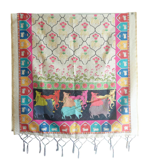 Assam Traditional Dupatta with Multicolor Multi moti Motif | Ethnic Printed Cotton Dupatta with Tassels