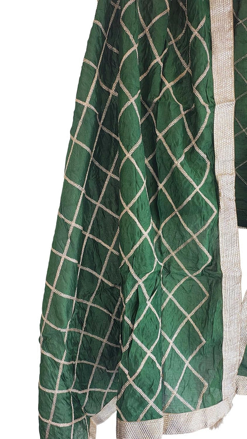 Indis Scarves Silk Embroidery Dupatta with Gold Grid Pattern, Traditional Ethnic Shawl Wrap with Tassel Detail