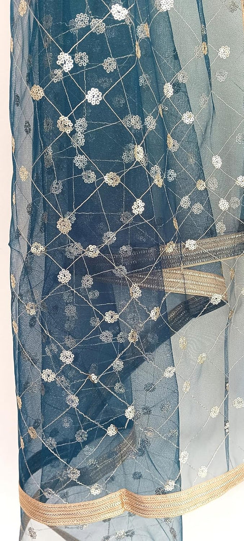 Traditional Embroidered Net Dupatta with Golden Border, Red Sequined Scarf, Diamond Pattern Dupatta, Chunni