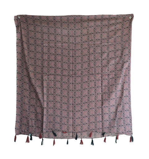 Traditional Ajrakh Print Cotton Stole, Black, Mandala Pattern with Tassels
