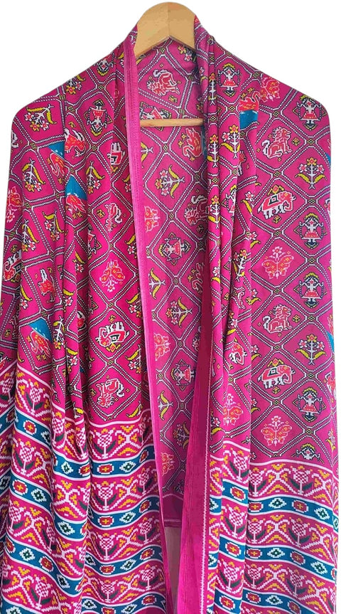 Printed Modal Silk Patola Print Dupatta, Traditional Indian Scarf with Geometric Motifs, Digital Print Design