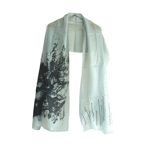 India Scarves Silk Stole, Prints Multi Color, 51 cm Width x 65 cm Length, Lightweight ( White And Black )