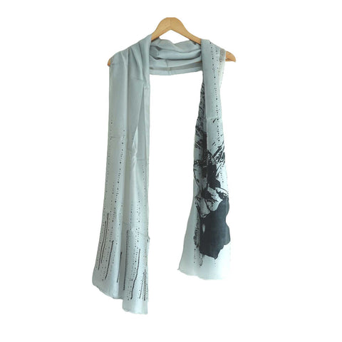 India Scarves Silk Stole, Prints Multi Color, 51 cm Width x 65 cm Length, Lightweight ( White And Black )