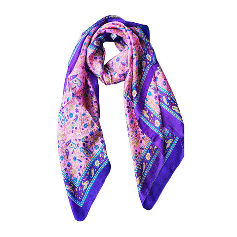 India Scarves Floral Paisley Print Silk Scarf, Light Weight Square Neck Wrap,  Border Pattern, 100x100 cm