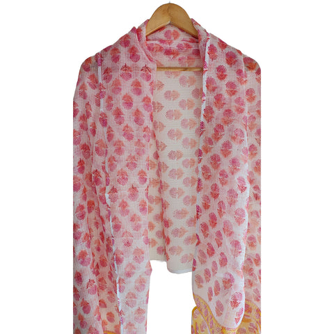 India Scarves Bagru Hand Block Floral kota Doriya silk cotton Dupatta(Pink And Yellow)