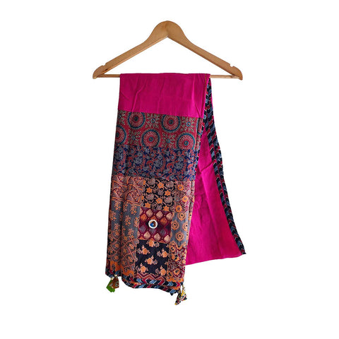India Scarves Ajrakh Applique Patchwork Cotton Dupatta(Magenta Pink )