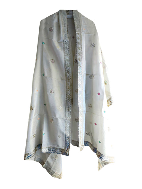 Hand-Embroidered Ivory Silk Dupatta with Multicoloured Floral Motifs and Silver Scalloped Border