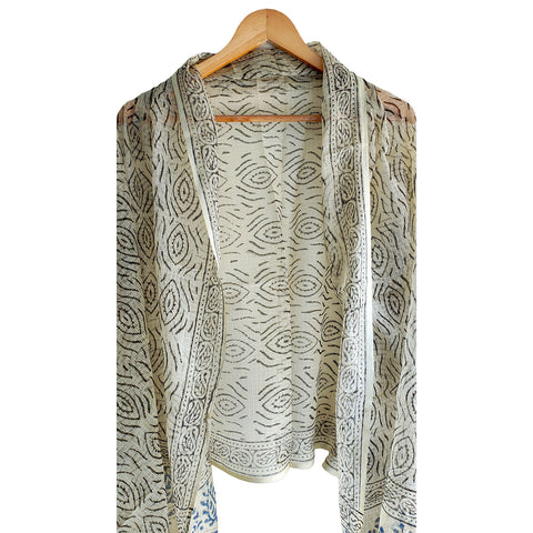 India Scarves Bagru Hand Block Floral kota Doriya silk cotton Dupatta(White Color)