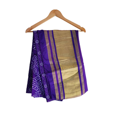 India Scarves Traditional Semi Gaji Silk Dupatta, Multi Color with Bandhani Print and Jari Gold Border( Purple color)