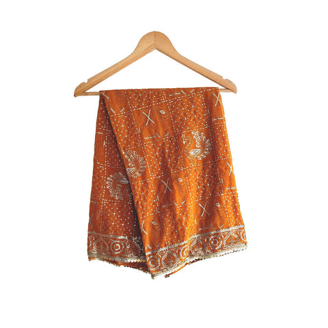 India Scarves Handcrafted Paisley Grid Dupatta in Georgette with Ornate Border Detailing(Mustard Color)