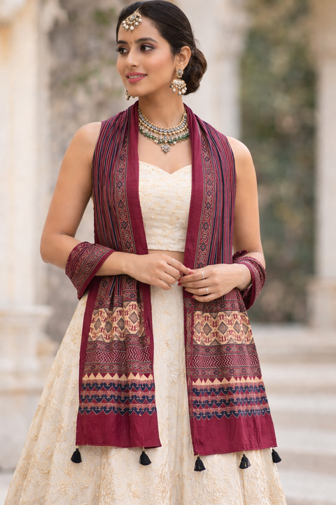 Ajrakh Printed Cotton Stole for Women | Hand Block Print Ethnic Scarf with Tassels | Maroon Traditional Indian Dupatta