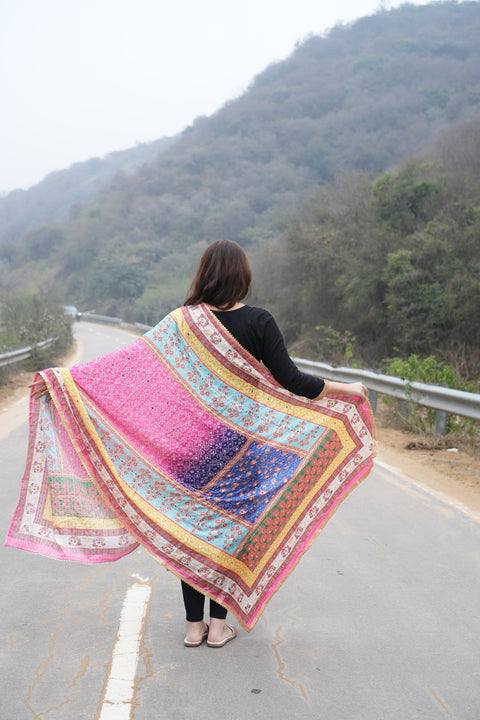 Pakistani Digital Printed Chinnon Multicoloured Dupatta With Heavy Mirror Work