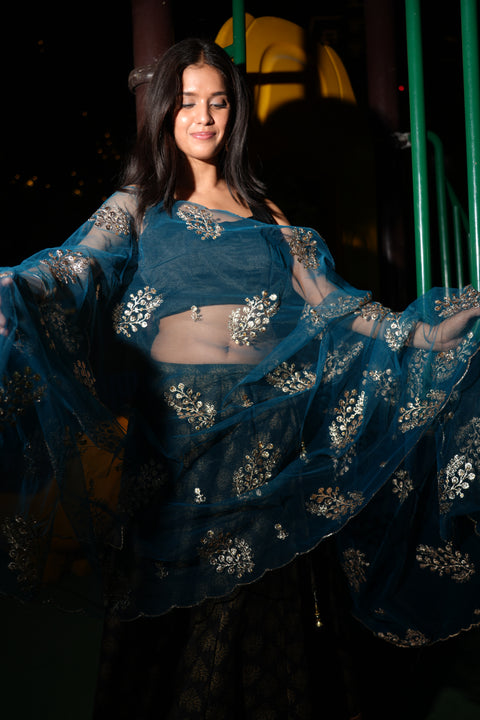 India Scarve's Net Cut Goldan Embroidered Floral Design Dark Blue Dupatta