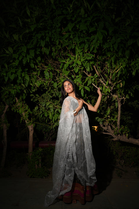 India Scarve's Net Cut Goldan Embroidered Floral Design  Dupatta