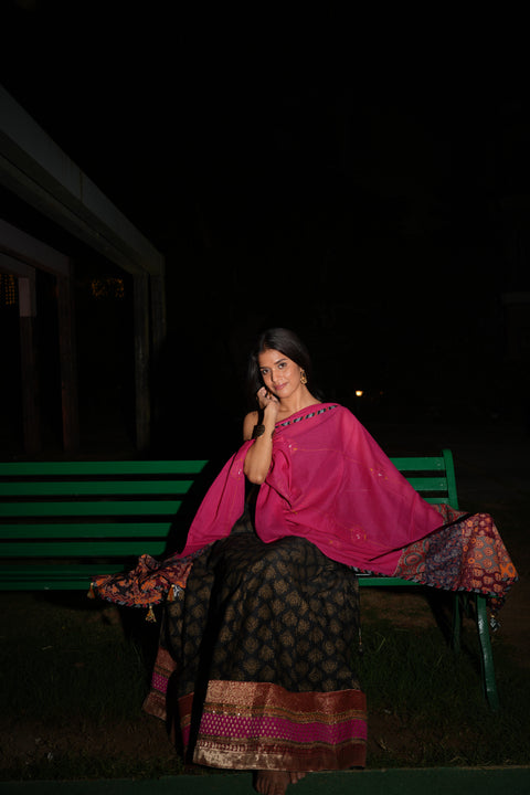 India Scarves Ajrakh Applique Patchwork Cotton Dupatta(Magenta Pink )