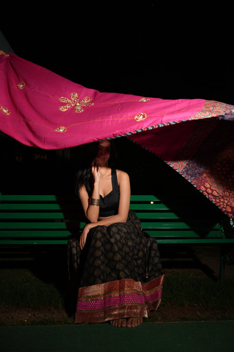 India Scarves Ajrakh Applique Patchwork Cotton Dupatta(Magenta Pink )