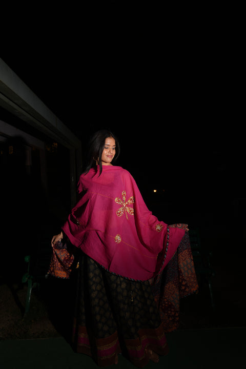 India Scarves Ajrakh Applique Patchwork Cotton Dupatta(Magenta Pink )