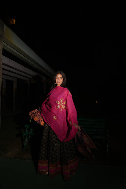 India Scarves Ajrakh Applique Patchwork Cotton Dupatta(Magenta Pink )