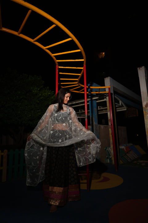 India Scarve's Net Cut Goldan Embroidered Floral Design  Dupatta