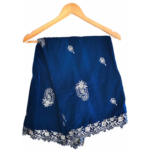 India Scarves Luxury Micro-Velvet Embroidered Dupatta for Women | Heavy Scalloped Cutwork Border with Butti Work