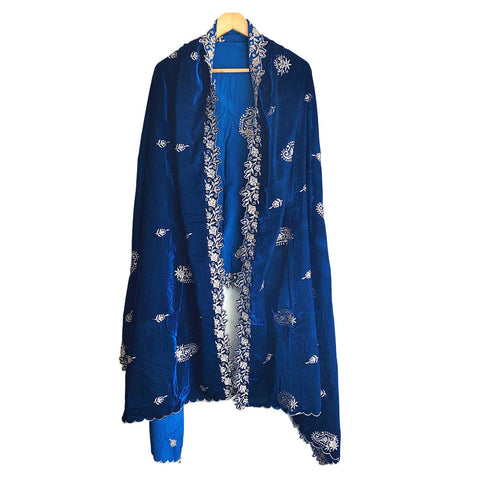 India Scarves Luxury Micro-Velvet Embroidered Dupatta for Women | Heavy Scalloped Cutwork Border with Butti Work