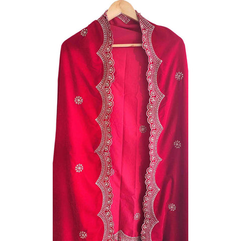 India Scarves Luxury Micro-Velvet Embroidered Dupatta for Women | Heavy Scalloped Cutwork Border with Butti Work