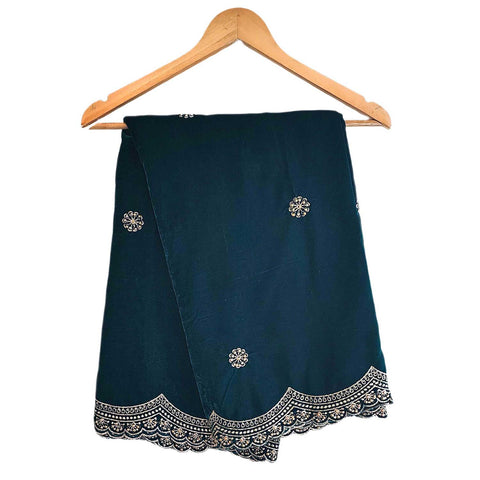 India Scarves Luxury Micro-Velvet Embroidered Dupatta for Women | Heavy Scalloped Cutwork Border with Butti Work (PRUSSIAN BLUE)