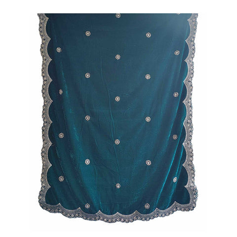 India Scarves Luxury Micro-Velvet Embroidered Dupatta for Women | Heavy Scalloped Cutwork Border with Butti Work (PRUSSIAN BLUE)
