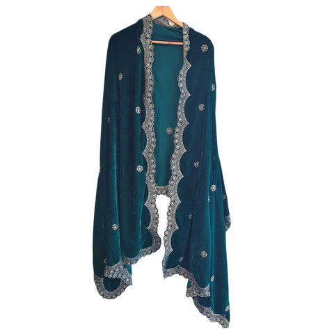 India Scarves Luxury Micro-Velvet Embroidered Dupatta for Women | Heavy Scalloped Cutwork Border with Butti Work