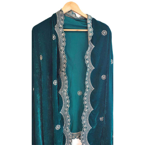 India Scarves Luxury Micro-Velvet Embroidered Dupatta for Women | Heavy Scalloped Cutwork Border with Butti Work (PRUSSIAN BLUE)