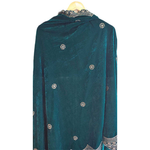 India Scarves Luxury Micro-Velvet Embroidered Dupatta for Women | Heavy Scalloped Cutwork Border with Butti Work (PRUSSIAN BLUE)