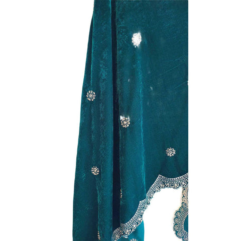 India Scarves Luxury Micro-Velvet Embroidered Dupatta for Women | Heavy Scalloped Cutwork Border with Butti Work (PRUSSIAN BLUE)