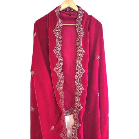 India Scarves Luxury Micro-Velvet Embroidered Dupatta for Women | Heavy Scalloped Cutwork Border with Butti Work