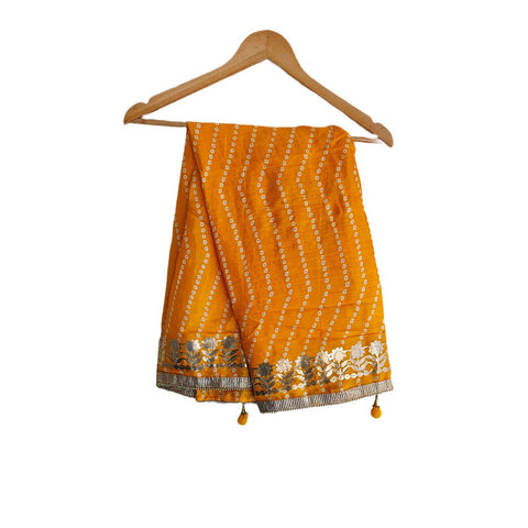 Bandhani Print Dupatta with Golden Floral Lace Border, Lightweight Ethnic Silk for Women Yellow