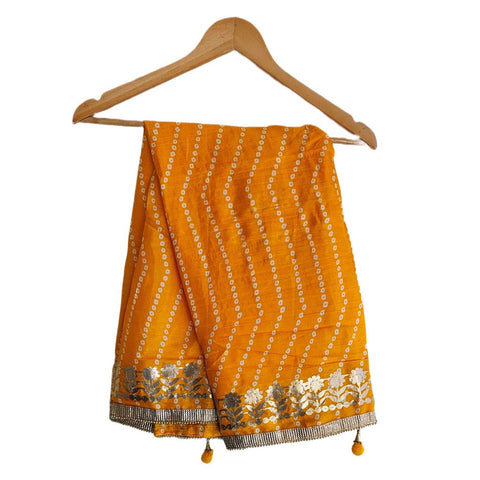 Bandhani Print Dupatta with Golden Floral Lace Border, Lightweight Ethnic Silk for Women Yellow