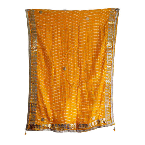 Bandhani Print Dupatta with Golden Floral Lace Border, Lightweight Ethnic Silk for Women Yellow