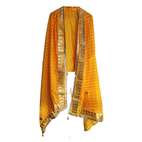 Bandhani Print Dupatta with Golden Floral Lace Border, Lightweight Ethnic Silk for Women Yellow