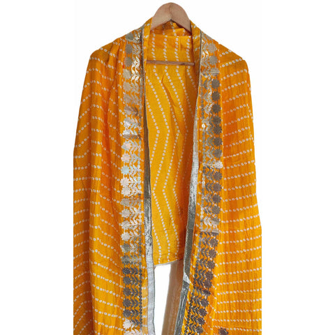 Bandhani Print Dupatta with Golden Floral Lace Border, Lightweight Ethnic Silk for Women Yellow