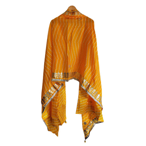 Bandhani Print Dupatta with Golden Floral Lace Border, Lightweight Ethnic Silk for Women Yellow