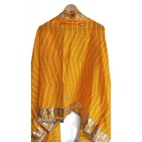 Bandhani Print Dupatta with Golden Floral Lace Border, Lightweight Ethnic Silk for Women Yellow