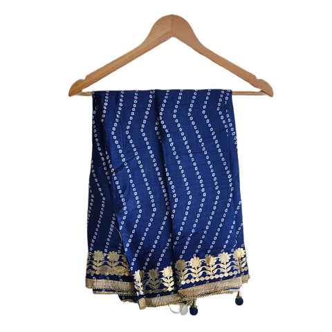 Bandhani Print Dupatta with Golden Floral Lace Border, Lightweight Ethnic Silk for Women Blue