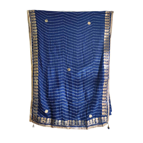 Bandhani Print Dupatta with Golden Floral Lace Border, Lightweight Ethnic Silk for Women Blue