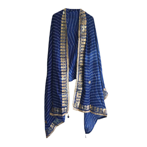 Bandhani Print Dupatta with Golden Floral Lace Border, Lightweight Ethnic Silk for Women Blue