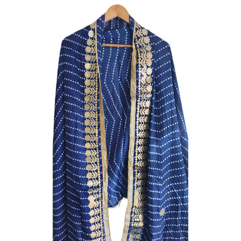 Bandhani Print Dupatta with Golden Floral Lace Border, Lightweight Ethnic Silk for Women Blue