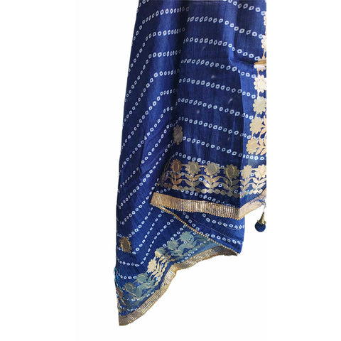 Bandhani Print Dupatta with Golden Floral Lace Border, Lightweight Ethnic Silk for Women Blue