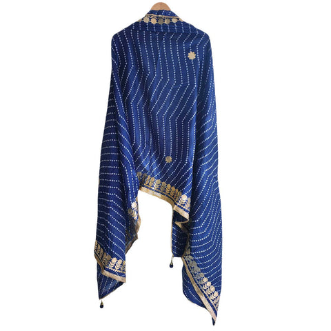 Bandhani Print Dupatta with Golden Floral Lace Border, Lightweight Ethnic Silk for Women Blue