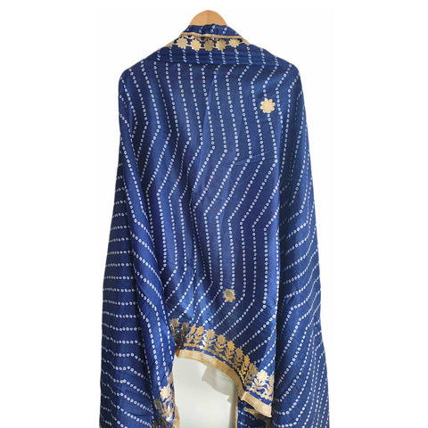 Bandhani Print Dupatta with Golden Floral Lace Border, Lightweight Ethnic Silk for Women Blue