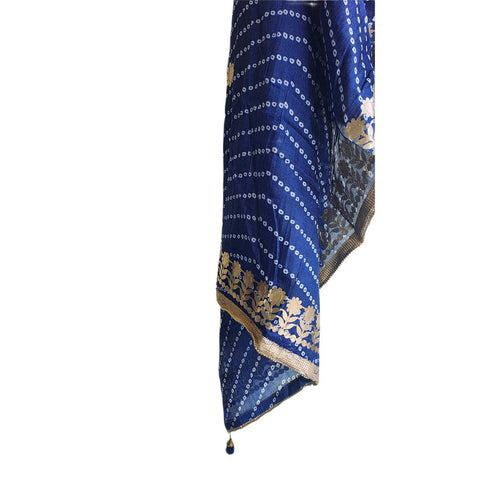 Bandhani Print Dupatta with Golden Floral Lace Border, Lightweight Ethnic Silk for Women Blue